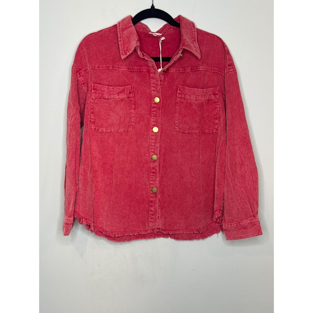 JODIFL Womens Medium Coral Pink Corduroy Raw Hem Button Down Shacket G9071-AVE